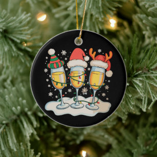 Champagne Glasses Santa Reindeer Christmas Xmas Ceramic Ornament