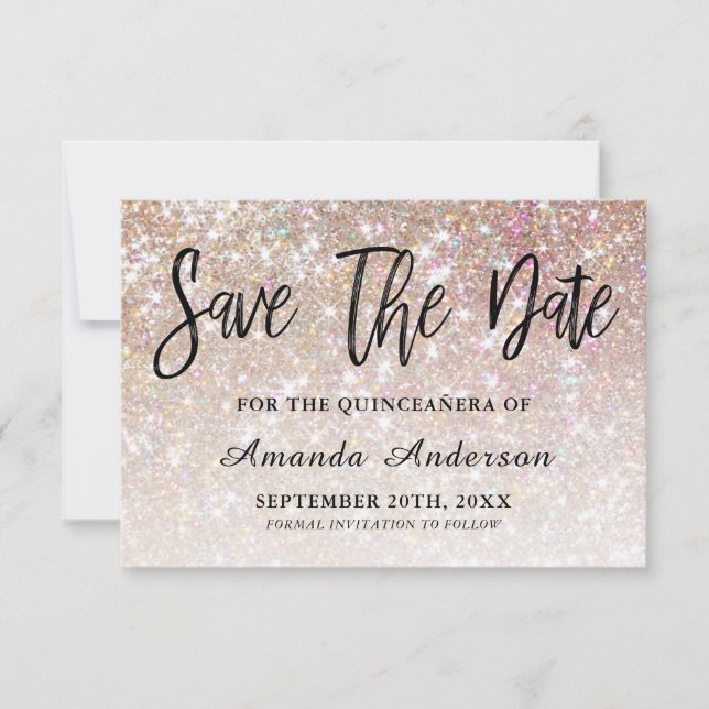 Champagne Glitter Brush Script  Quinceanera Save The Date (Front)