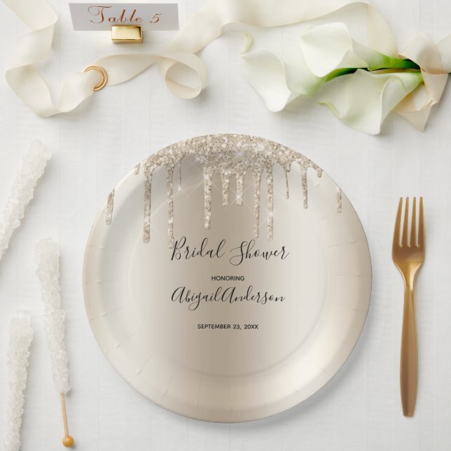 Champagne Glitter Drip Bridal Shower Glam Trendy Paper Plate (Wedding)