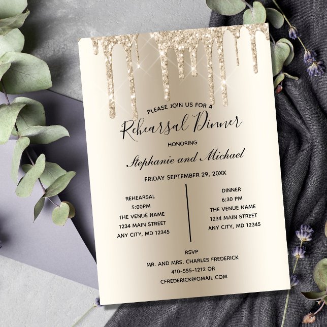 Champagne Glitter Drip Rehearsal Dinner Invitation (Champagne Gold Dripping Glitter Wedding Rehearsal Dinner Invitation)