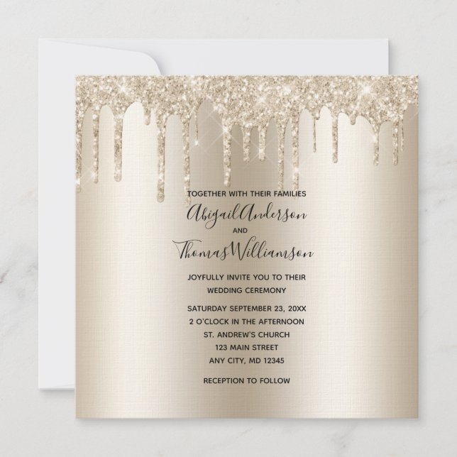 Champagne Glitter Drip Trendy Elegant Wedding  Invitation (Front)