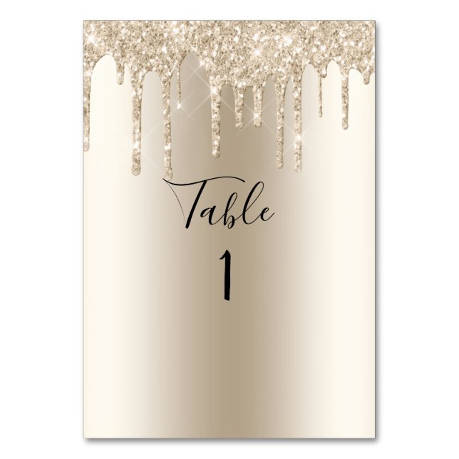 Champagne Glitter Drip Trendy Elegant Wedding Table Number (Front)