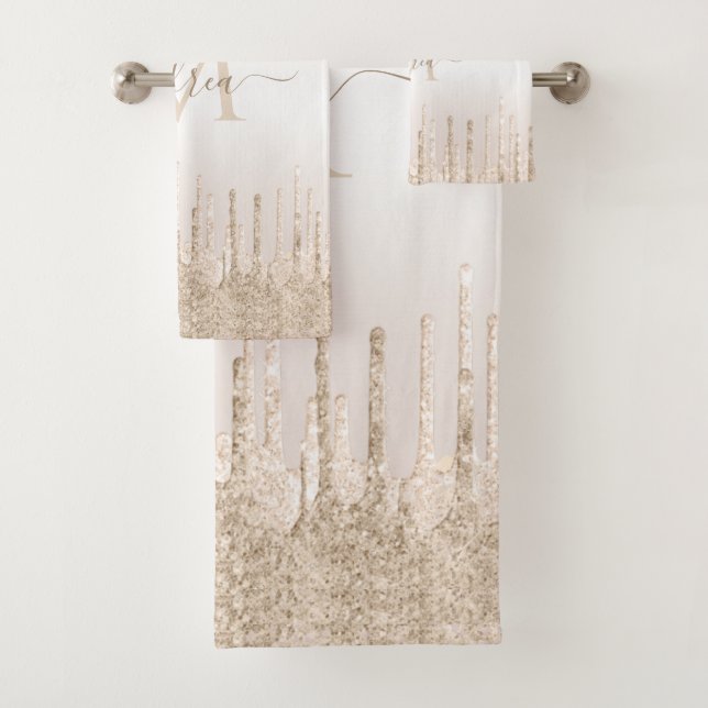 Champagne Glitter Dripping Monogram Elegant Name Bath Towel Set (Insitu)