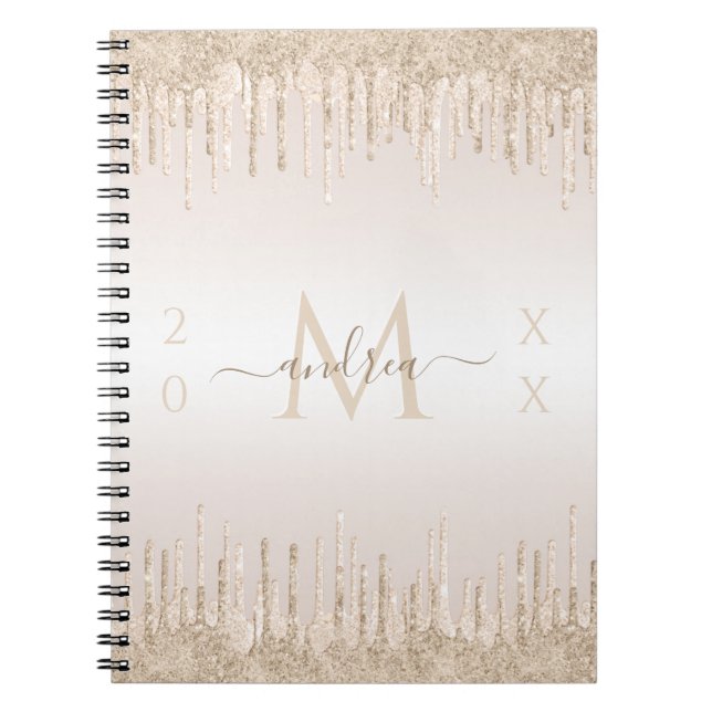Champagne Glitter Dripping Monogram & Year Dated Notebook (Front)