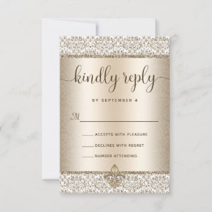 Champagne Glitter Fleur De Lis Elegant Wedding RSVP Card