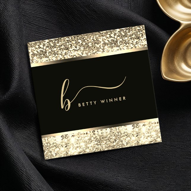 Champagne Glitter Script Monogram Luxury  Square Business Card (Creator Uploaded)