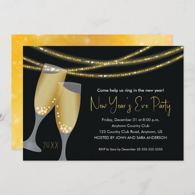 Champagne & Glitter Strings | New Year's Eve Party Invitation (Front/Back)