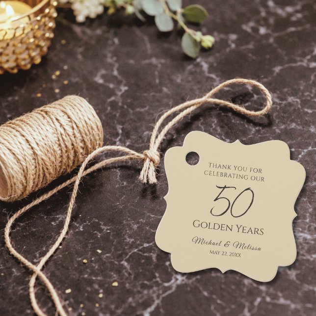 Champagne Gold 50th Anniversary Favor Tag (Champagne gold scalloped favor tag with rustic twine detail)