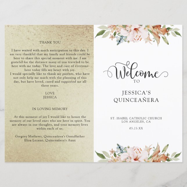 Champagne Gold and Pink Floral Quinceanera Program (Front)