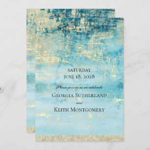 Champagne Gold And Turquoise 2 Modern Art Wedding Invitation