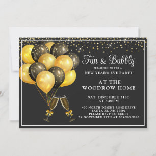 Champagne Gold Black Balloons New Year's Eve  Invitation