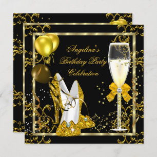 Champagne Gold Black Glitter Heels Birthday Party Invitation