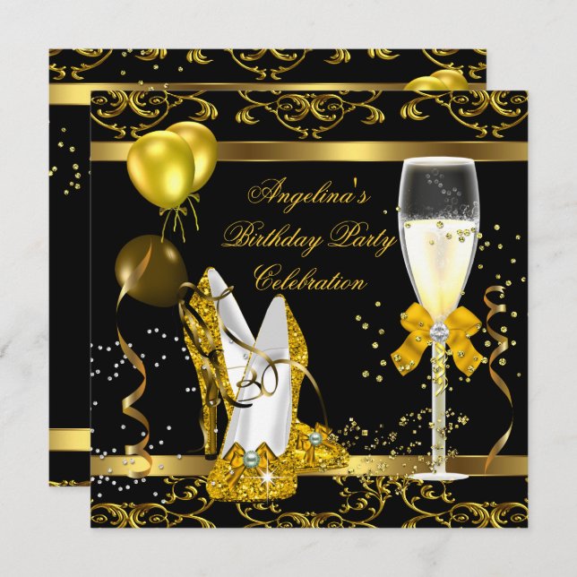 Champagne Gold Black Glitter Heels Birthday Party Invitation (Front/Back)