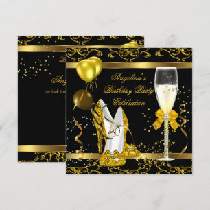 Champagne Gold Black Glitter Heels Birthday Party Invitation