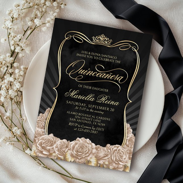 Champagne Gold Black Quinceañera Invitation (Creator Uploaded)