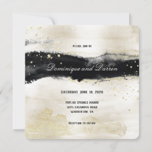 Champagne Gold & Black Watercolor Square Wedding Invitation