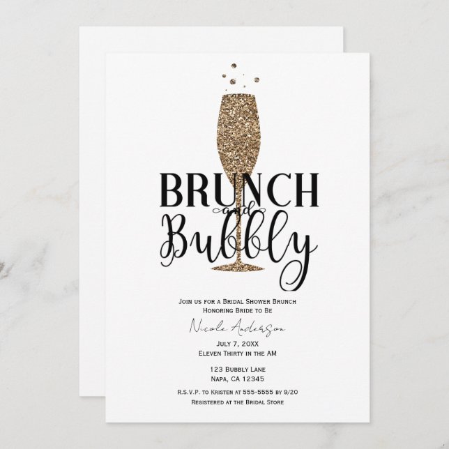 Champagne Gold Black White Bubbly Bridal Shower  Invitation (Front/Back)