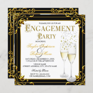 Champagne Gold Black White Engagement Party Photo Invitation