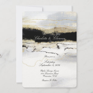 Champagne Gold Black White Watercolor Wedding  Invitation
