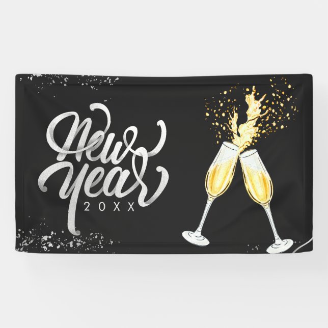 Champagne Gold Black Wine Glass Confetti Modern Banner (Horizontal)