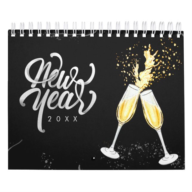 Champagne Gold Black Wine Glass Confetti Modern Calendar (Cover)