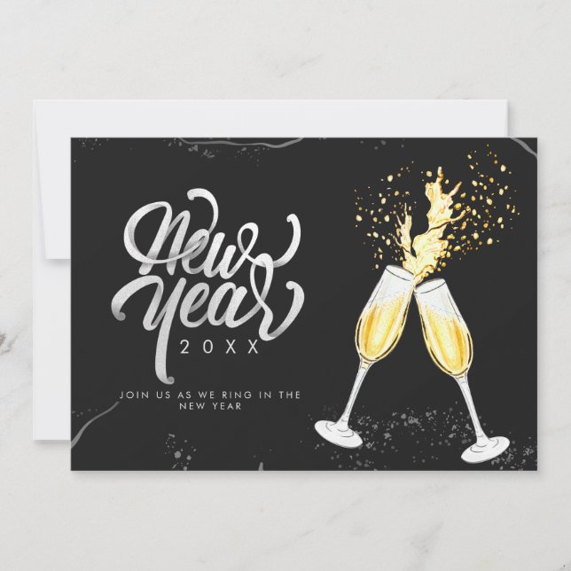 Champagne Gold Black Wine Glass Confetti Modern Holiday Card (Front)
