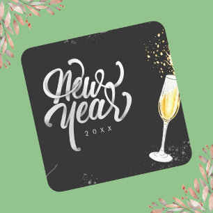 Champagne Gold Black Wine Glass Confetti Modern Square Sticker