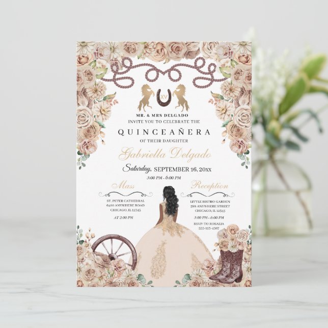 Champagne Gold Charro Princess Quinceanera Invitation (Standing Front)