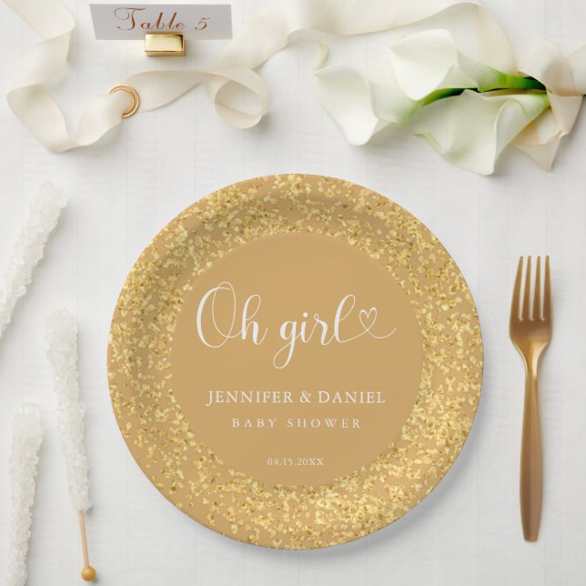 Champagne Gold Confetti Oh Girl Luxe Script Paper Plate (Wedding)
