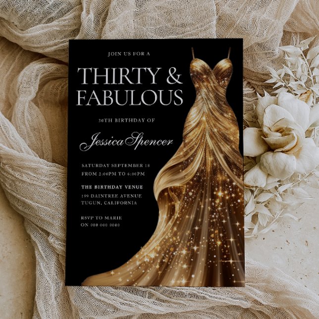Champagne Gold Dress Fabulous Black 30th Birthday Invitation (Creator Uploaded)