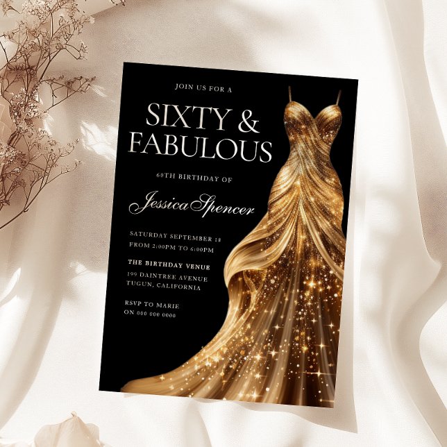 Champagne Gold Dress Fabulous Black 60th Birthday Invitation (Creator Uploaded)