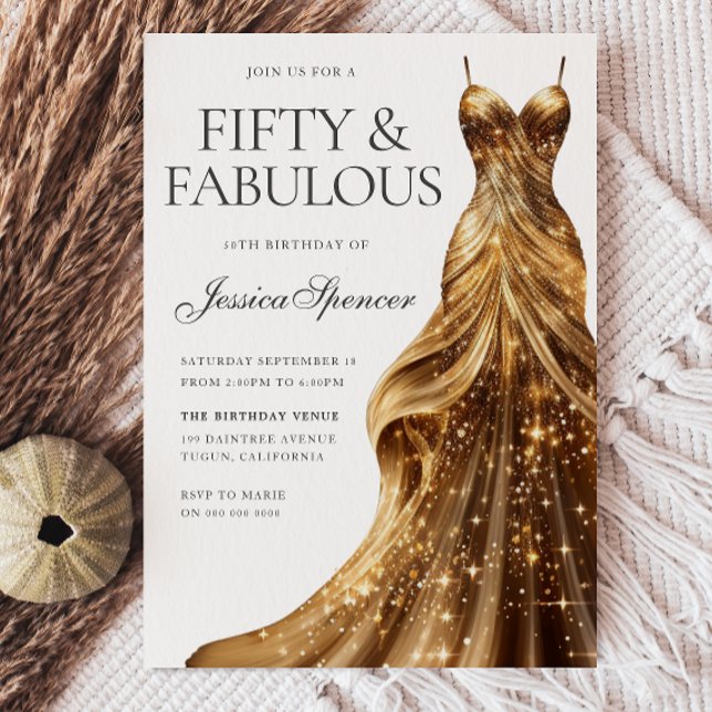 Champagne Gold Dress Fabulous Fifty 50th Birthday Invitation (Creator Uploaded)