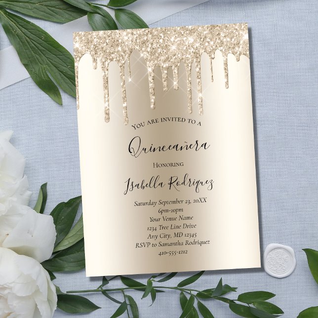 Champagne Gold Dripping Glitter Quinceanera Invitation (Creator Uploaded)