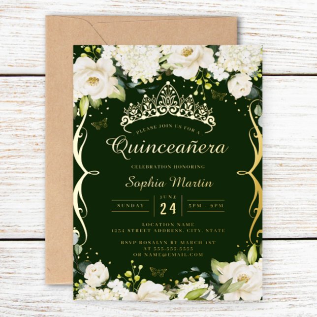 Champagne Gold Emerald Floral Scroll Quinceanera  (Creator Uploaded)