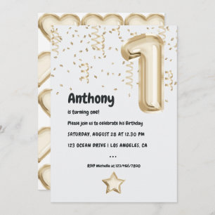 Champagne Gold Faux Foil Balloon 1st Birthday Invitation