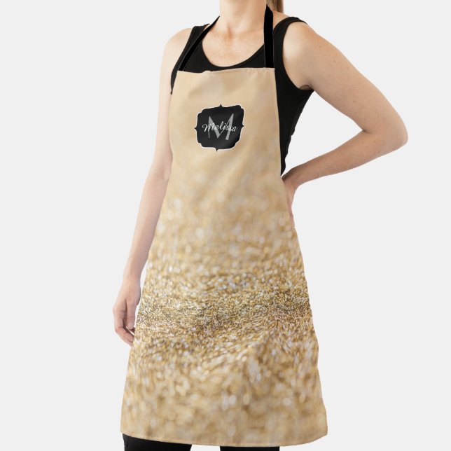Champagne gold faux glitter sparkles Monogram Apron (Insitu)