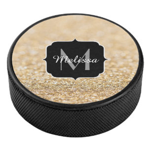 Champagne gold faux glitter sparkles Monogram Hockey Puck