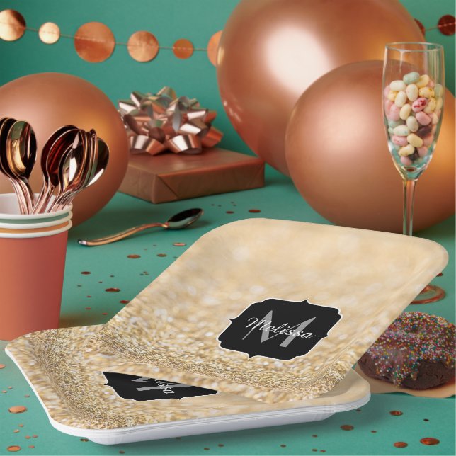 Champagne gold faux glitter sparkles Monogram Paper Plate (Multi)