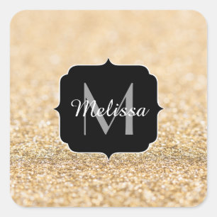 Champagne gold faux glitter sparkles Monogram Square Sticker