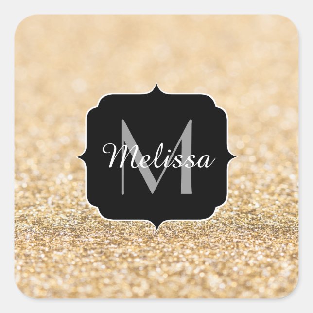 Champagne gold faux glitter sparkles Monogram Square Sticker (Front)