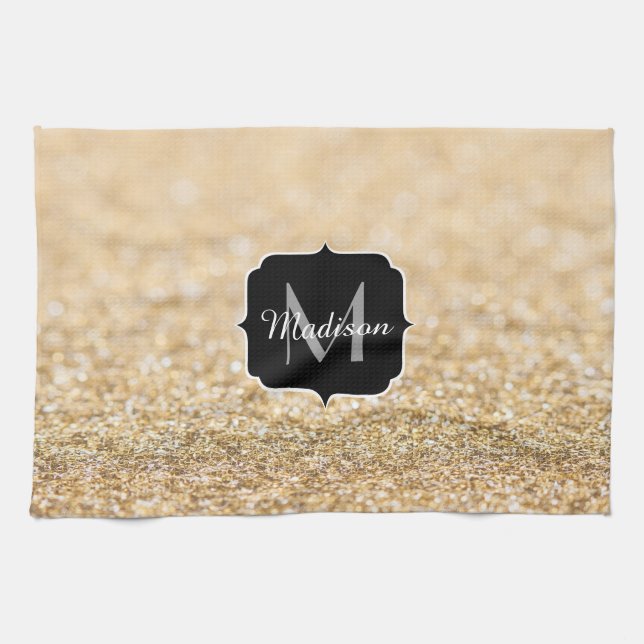Champagne gold faux glitter sparkles Monogram Tea Towel (Horizontal)