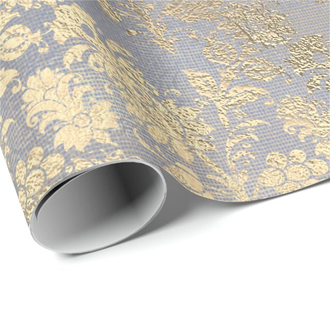 Champagne Gold Floral Blue Burlap Linen Wrapping Paper (Roll Corner)