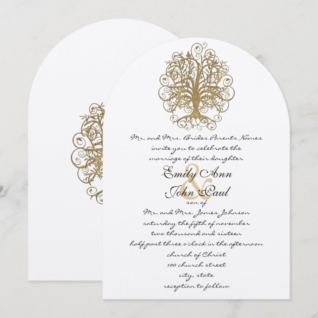 Champagne Gold Forest Rustic Luxe Tree Wedding Invitation (Front/Back)