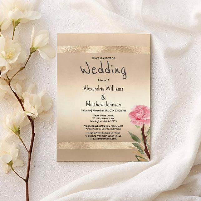 Champagne Gold Glamour Pink Floral Wedding  Invitation (Champagne Gold Glamour Pink Floral Wedding )