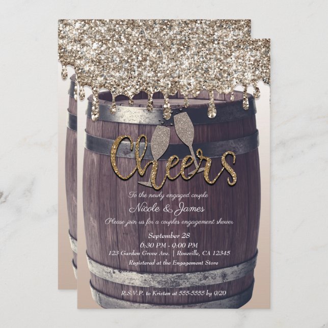 Champagne Gold Glitter Drip Barrel Engagement Invitation (Front/Back)