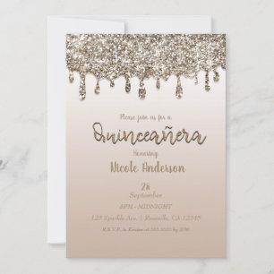Champagne Gold Glitter Drip Glam Quinceañera 15 Invitation