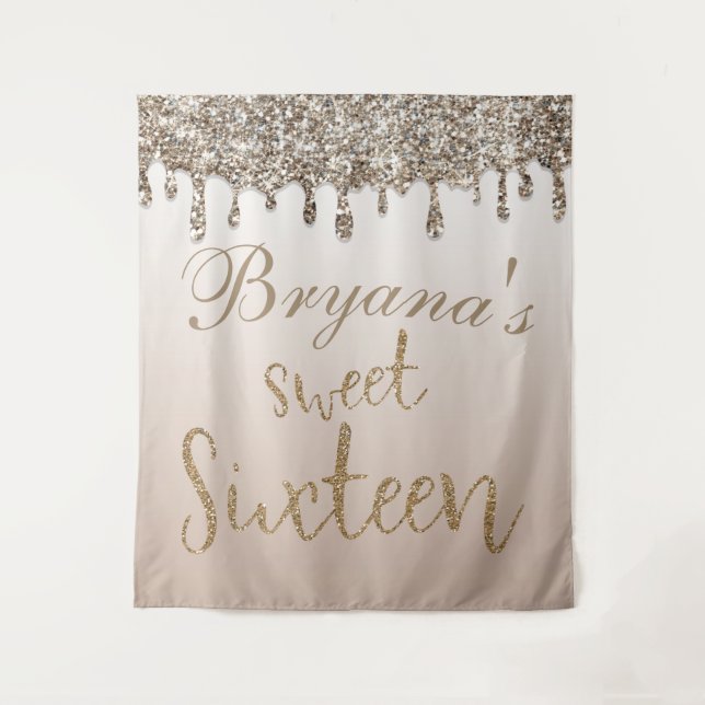 Champagne Gold Glitter Drip Glam Sweet 16 Backdrop Tapestry (Front)