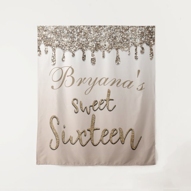 Champagne Gold Glitter Drip Glam Sweet 16 Backdrop Tapestry (Front)