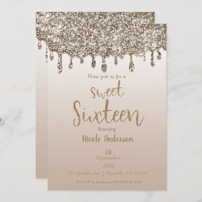 Champagne Gold Glitter Drip Glam Sweet 16 Sixteen Invitation (Front/Back)