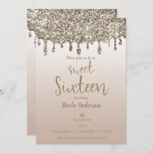 Champagne Gold Glitter Drip Glam Sweet 16 Sixteen Invitation